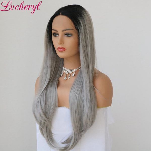

lvcheryl ombre sliver grey long natural wavy hand tied full density synthetic lace front wigs heat resistant hair wigs for women, Black