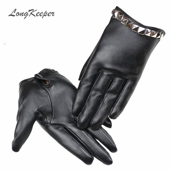

longkeeper ladies' leather gloves full finger black gloves dance for party show metal rivets women soft leather mittens s83, Blue;gray