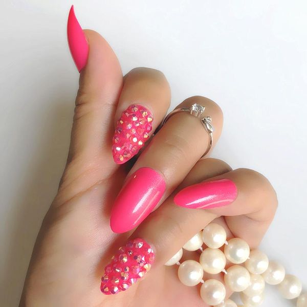 

false nails rose red custom all water drill sequin fine high heel pressure fake nail black green artificial art decoration, Red;gold
