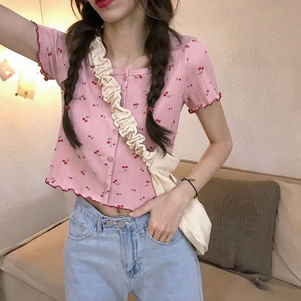 

малый вишня трикотажные короткий рукав 2020 лета новый раунд шеи двубортный деревянный ухо тонкий короткий t рубашка верх, White