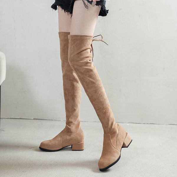 

boots rimocy faux suede long over the knee women fashion lace up square heels shoes woman slim fit plus size thigh high, Black