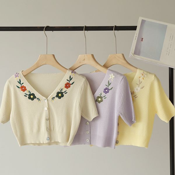 

women's t-shirt 2021 summer embroidered flower v-neck knitted girls, White