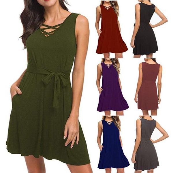 

v neck sleeveless clothing famale casual dress womens summer new designer solid color belt dress fashion, Black;gray