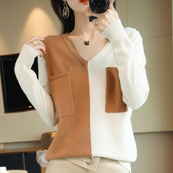

autumn and winter new fashion knitted wool sweater women's color matching v-neck pullover long-sleeved jacket cashmere sweater, White;black