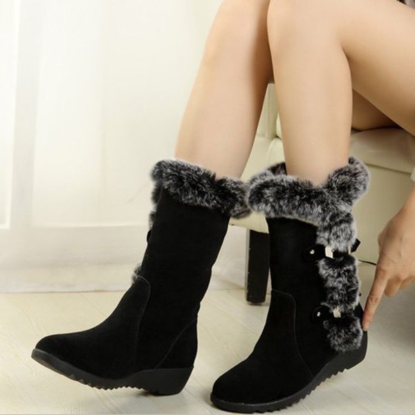 

2020 new women's mid-low heel boots pu shoes woman round head wedge solid color keep warm women's winter boots 38-40 botas mujer 2, Black