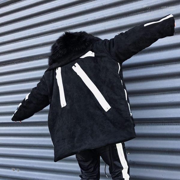 

zipper thick warm coats brand new fluffy hat oversize coat winter mens designer coats fashion panelled, Black