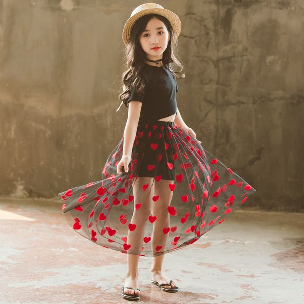 

Baby Kids Girls Clothes Set Summer Outfit Cotton Tops Long Heart Mesh Tutu Skirts Teens Girl Clothing Sets For 4 6 8 10 12 14 Yr