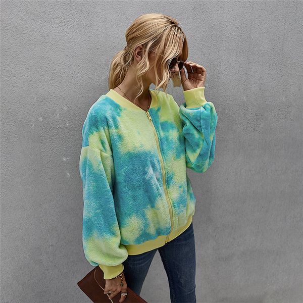 

2020 new autumn winter zip-up tie dye women office lady full sleeve o-neck fleece hoodies, Black