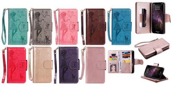 

multifunction leather wallet case for iphone 11 xs max xr galaxy note 10 pro 9 (j3 j4 j6 a6)2018 9cards mirror girl lady flip cover flower