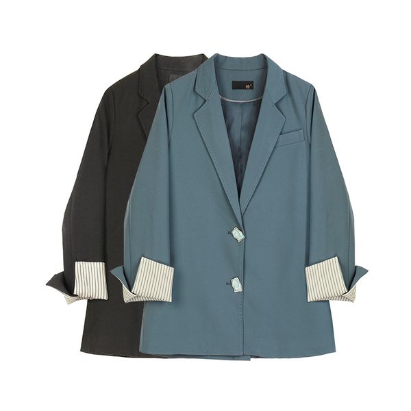 

stylish striped pathcwork roll up long sleeve leisure blazer for women noble solid color single breasted streetwear over jacket, Black;brown