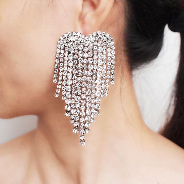 

dangle & chandelier luxury rhinestone tassel earrings statement heart shape drop women wedding bridal jewelry 2021 ukmoc, Silver