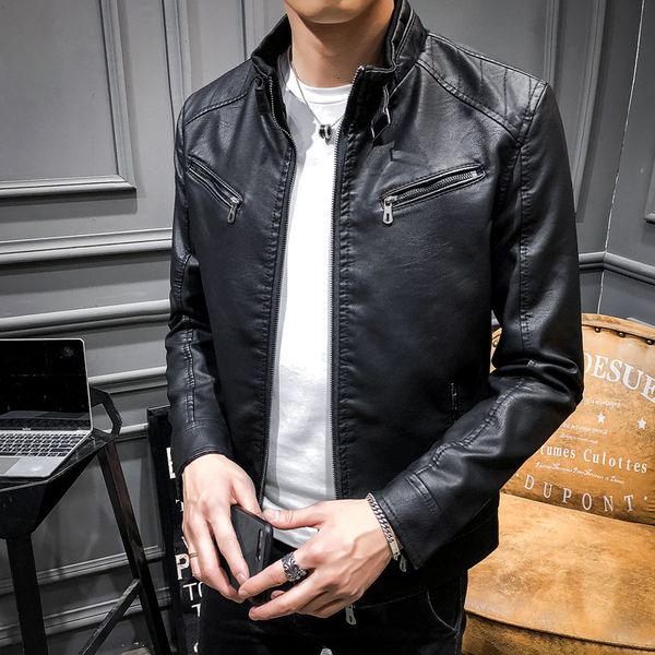 

spring and autumn men's pu leather coat men's korean casual men's stand collar slim-fit motorcycle leather jacket pu coat for, Black;brown