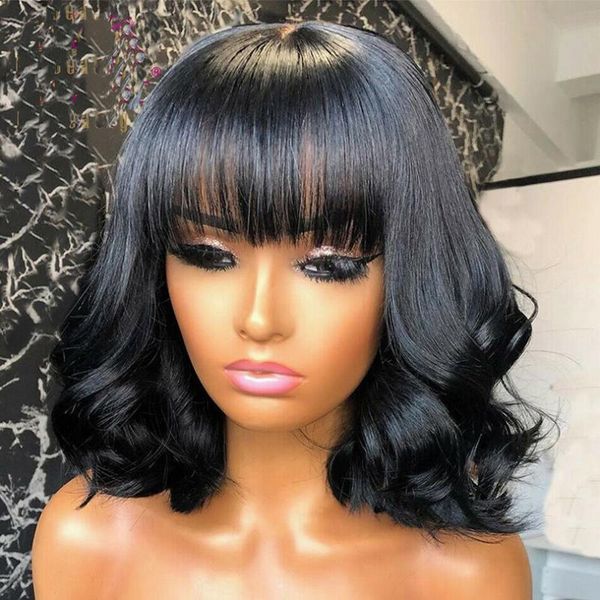 

lace wigs 8"-12" short wave human hair wig with bangs 150% density silk base scalp for women malaysian remy top, Black;brown
