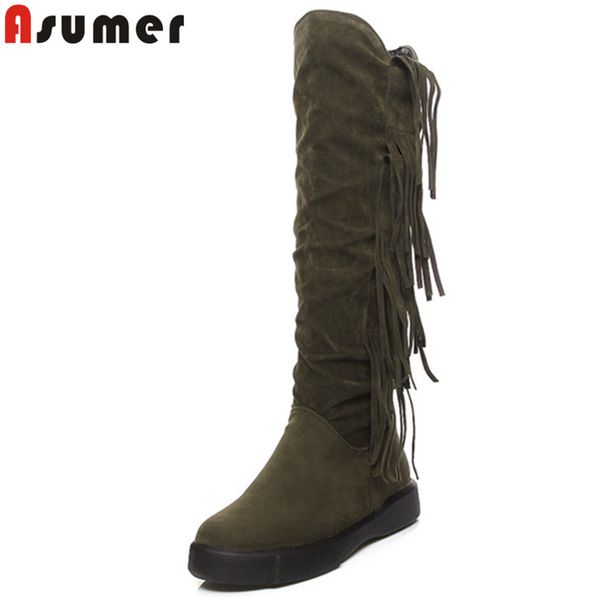 

asumer 2020 fashion autumn winter boots round toe fringe knee high boots round toe flat comfortable ladies big size 34-43, Black