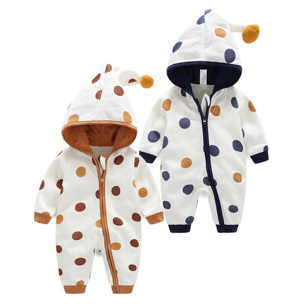 

autumn and winter new korean style cotton men and women bao style hooded romper crawling clothes dotted print baby clothing jump suit, Blue