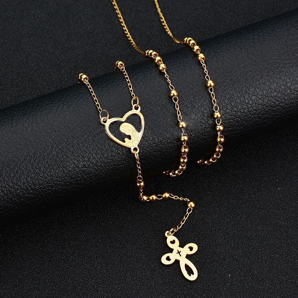 

stainless steel gold necklace for women fashion religious jewelry virgin mary cross pendant necklace long beaded ladies, Silver