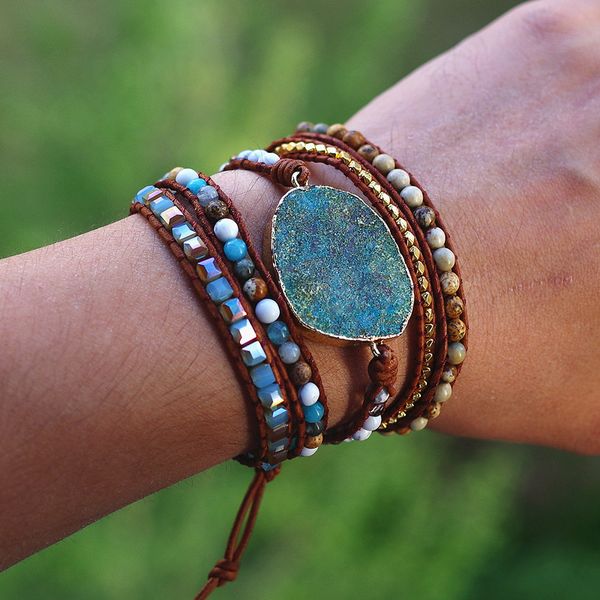 

charm bracelets handmade jewelry 5 strands wrap women leather bracelet unique mixed natural stones gilded stone boho, Golden;silver