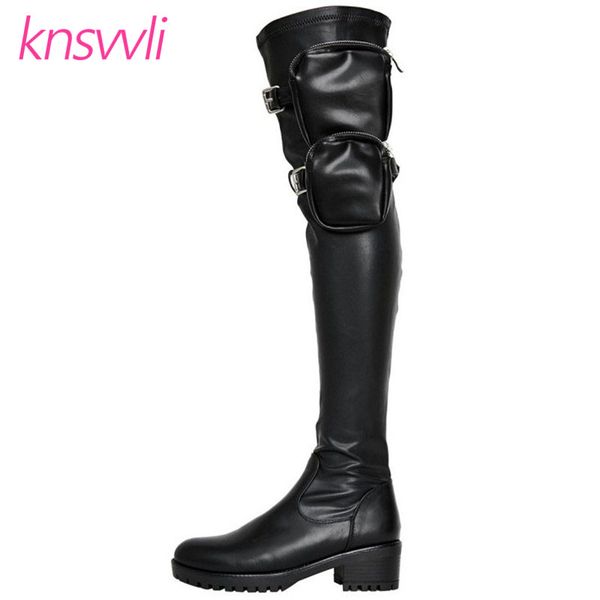 

boots pocket stretch over the knee women casual waist belt western long woman motorcycle chunky heel thigh high boot, Black