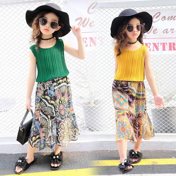 

girls summer fashion 2pcs toddler infant kids girl clothes set chiffon vest+ printing skirt outfit child suit kg-361, White