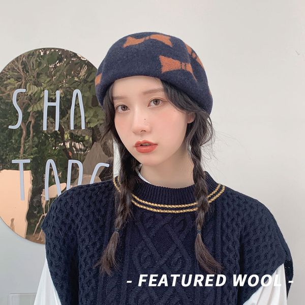 

berets winter autumn wool beret hat women hariy for 90 s girls british style plaid sboy hats female octagonal cap painter, Blue;gray