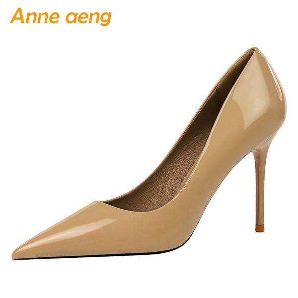 

2020 new 9.5cm high thin heels women pumps pointed toe shallow bridal wedding shoes ladies women shoes khaki high heels, Black