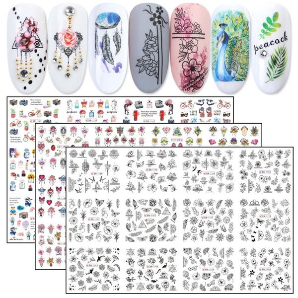 12pcs Nail Art Decalcomanie di trasferimento Adesivi per acqua Colorati gioielli per unghie Fiore Animale Cursori neri Manicure Tatuaggi JIBN1129-1212