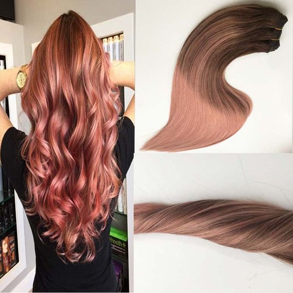 

brazilian remy hair 100% human hair weft balayage ombre color darker brown fading to rose golden straight sew in hair bundles, Black
