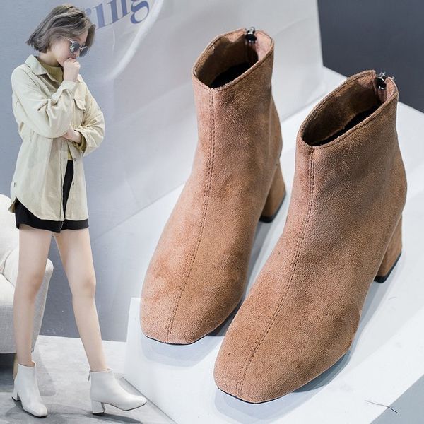 

woman ladies shoes boots winter suede thin chunky-heel square boots shoes, Black