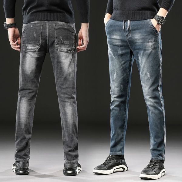 

2020 new autumn and winter men's cotton elastic slim-fit lace-up small straight-leg denim trousers youth trousers and trouserscasual al, Blue