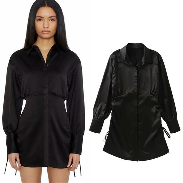 

casual dresses 2021 european and american spring autumn with drawstring waist lapel button shirt skirt, Black;gray