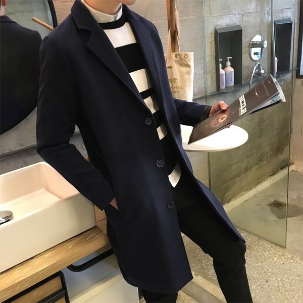 

men's wool & blends 2021 long mens trench coat turn-down collar winter casual solid woolen overcoat men gothic t303, Black