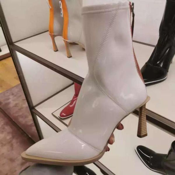 

patent leather boots women booties pointed toe back zip stretch socks ankle boots ladies high heels shoes woman zapatos mujer, Black