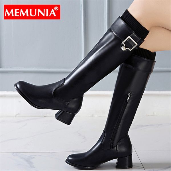 

memunia size 34-43 new women boots square high heels buckle zipper fashion black winter boots ladies motorcycle knee high