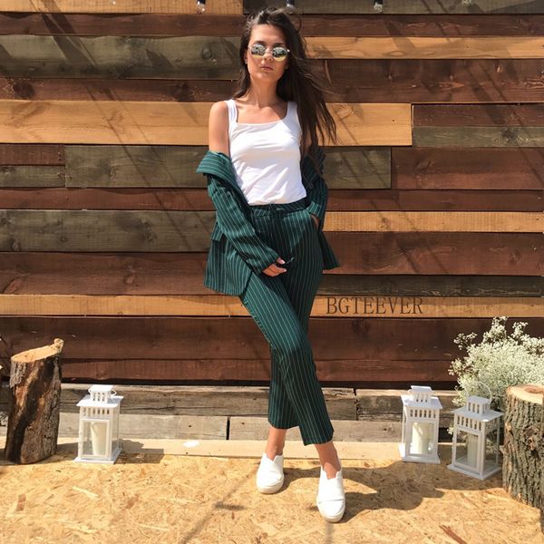 

cny ladies double stripe blazer, 2-piece blazer and zippered pants spring outfit, White