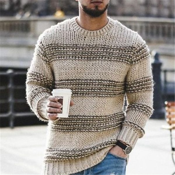 

dropshipping mens knitted rib stitch sweaters designer o-neck long sleeved striped coarse wool autumn winter sweaters, White;black