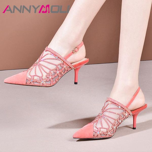 

annymoli kid suede high heel pumps women crystal cutouts slingbacks shoes pointed toe thin heels flower footwear lady summer 40, Black