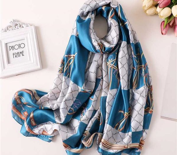 

2020 designer brand women scarf fashion print summer silk scarves for lady shawl wraps bandana female hijabs fulard, Blue;gray