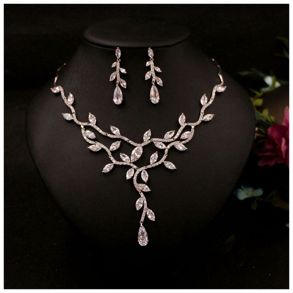 

zircon wedding jewelry sets choker necklace wedding necklaces and earrings for women floral accessories, Silver