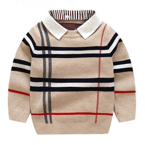 Kinder Pullover Herbst Plaid Kleinkind Junge Pullover Langarm Gefälschte Zwei-Stück Gestrickte Jungen Pullover Kinder Kleidung 2-7Y