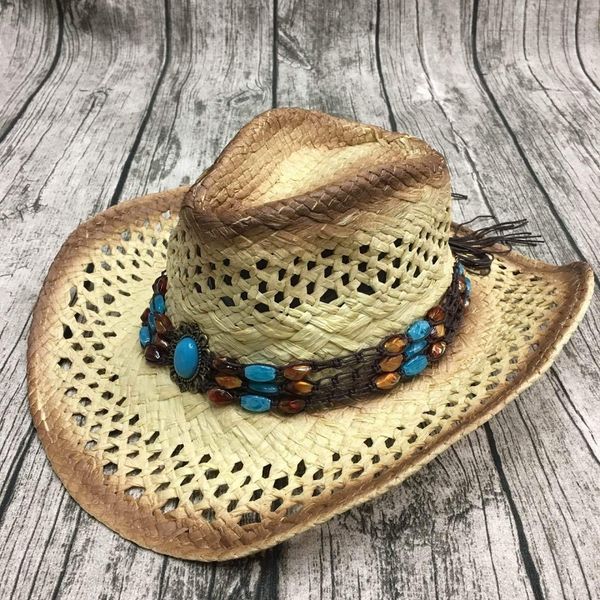

summer men handmake raffia hollow cowboy hat with punk rope women western wide curling brim cap sun protection hats t200911, Blue;gray