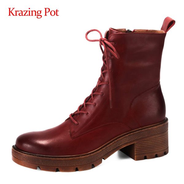 

krazing pot motorcycle boots real leather cross-tied platform round toe thick high heel zipper handsome fashion ankle boots l20, Black