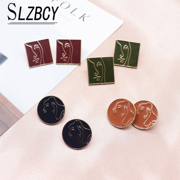 

big enamel round square stud earrings for women red black drop oil geometric statement earrings fashion jewelry gifts, Golden;silver