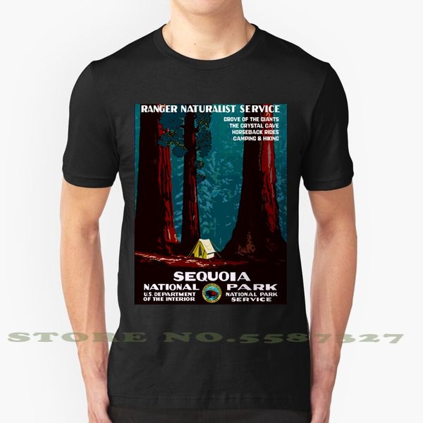 

vintage wpa camping in sequoia national park black white tshirt for men women redwood trees green red tent outdoors forest