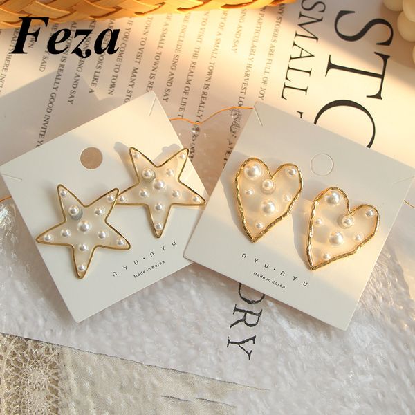 

fezakorean new statement transparent acrylic simulated pearl big heart star stud earrings for women fashion pendientes oorbellen, Golden;silver