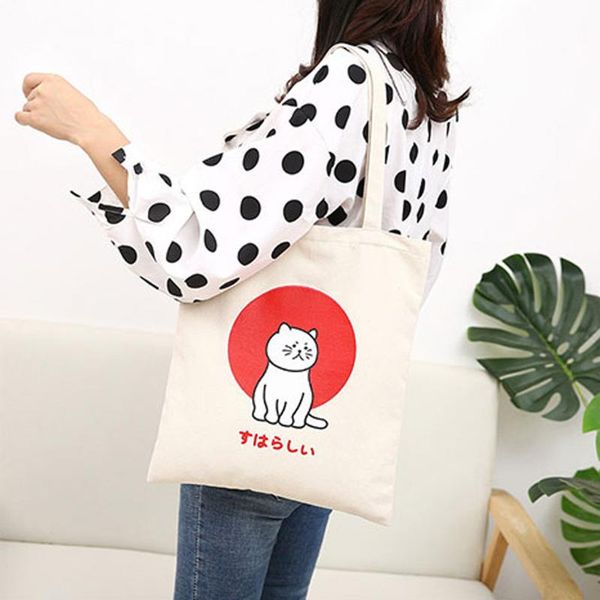 

cute cat japanese style ladies large capacity tote portable fashion women canvas printing cute cat shoulder bags shopping bag
