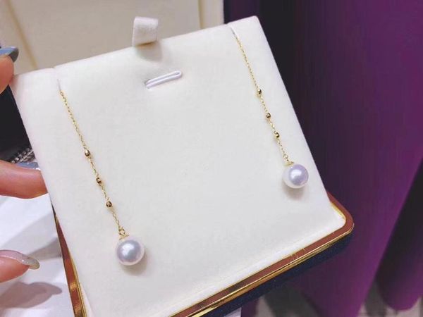 

other d614 pearl earrings fine jewelry solid 18k gold round 8-9mm nature fresh water white pearls drop dangle for women, Golden;silver