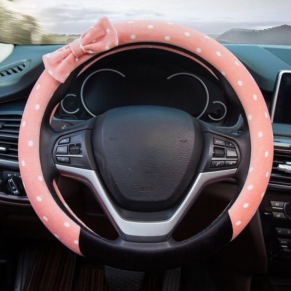 

winter plush steering wheel cover spotted bow tie short velvet warm universal lovely sweetly handlebar cover car accessories new