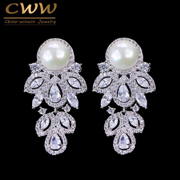 

dangle & chandelier cwwzircons tiny cubic zirconia stone sterling silver 925 leaf drop cz pearl earring jewelry for women cz193