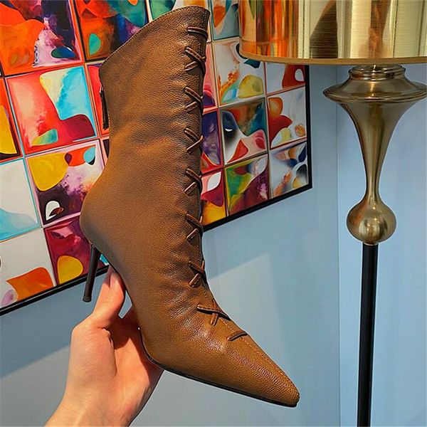 

fashion interlaced pointed female high-heeled shoes black brown diagonal boots autumn and winter models ladies party boots