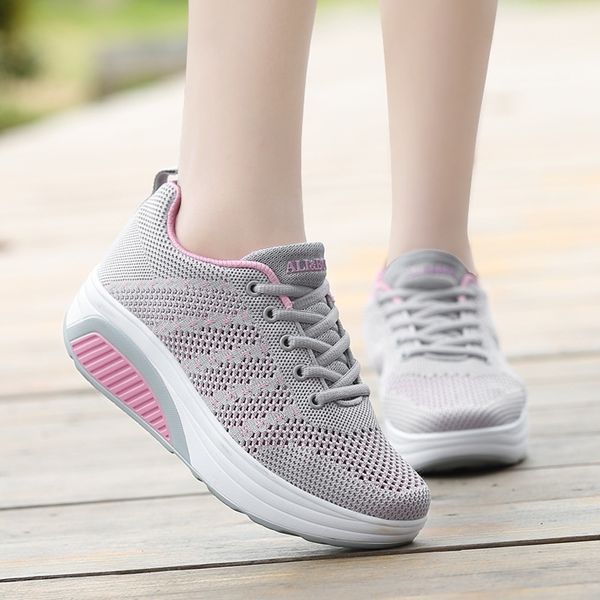 

rocking shoes women's sports shoes flying woven breathable mesh casual platform running, Black